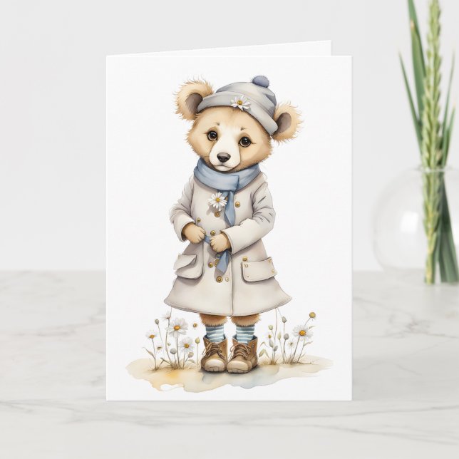 Adorable Bear in Coat Hat Scarf Boots Daisy Blank Card (Front)