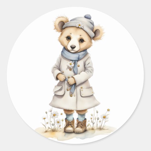 Adorable Bear in Coat Hat Scarf Boots Daisy  Classic Round Sticker