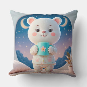 Adorable Bear in Pajamas Holding a Mug Throw Pillow