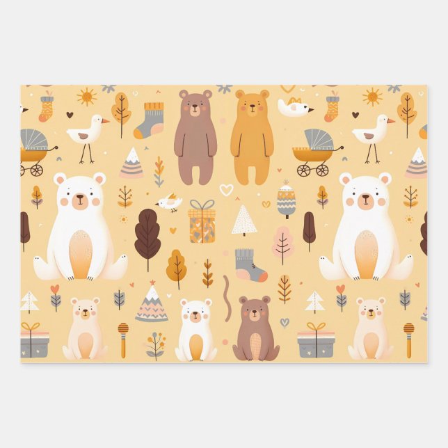 Adorable Bear Pattern Wrapping Paper Sheets (Front)