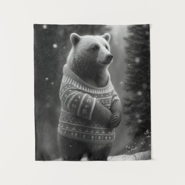 Adorable Bear Wearing a Cozy Sweater Tapestry (Front)