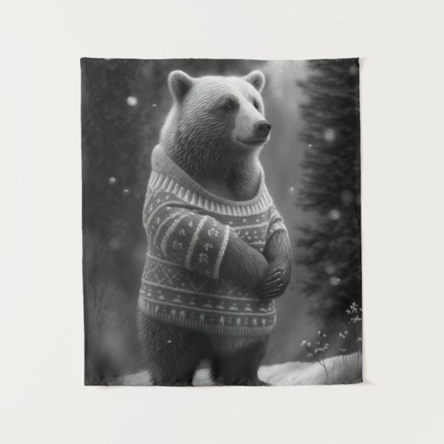 Adorable Bear Wearing a Cozy Sweater Tapestry (Front)