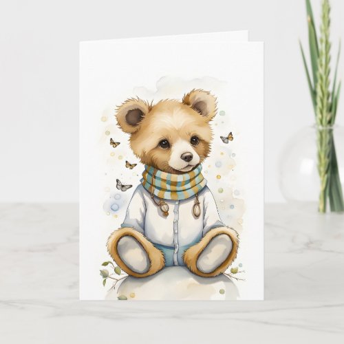 Adorable Bear with Butterflies Plaid Scarf Blank Card