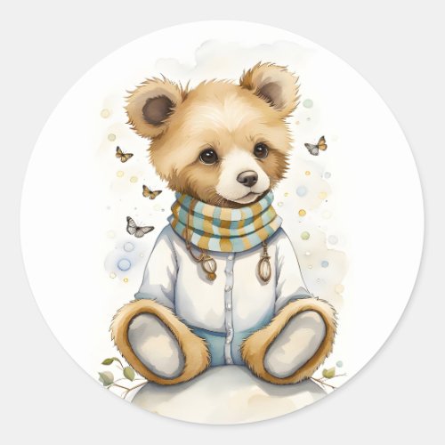 Adorable Bear with Butterflies Plaid Scarf Shirt Classic Round Sticker
