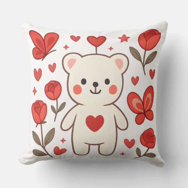 Adorable Bear with Heart Throw Pillow (Front)