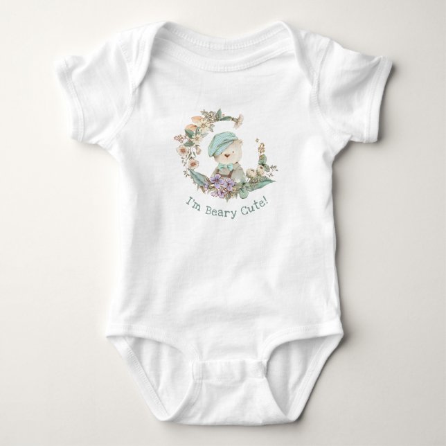 Adorable "BEARY CUTE" Illustration - Floral Wreath Baby Bodysuit (Front)