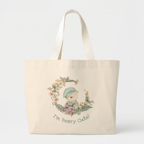 Adorable BEARY CUTE Illustration _ Floral Wreath Large Tote Bag