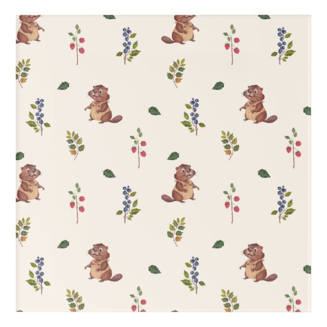 Adorable Beaver and Forest Berries Pattern Acrylic Print (Front)