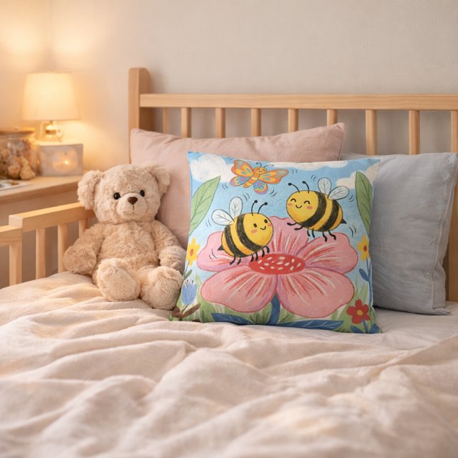 Adorable Bee & Butterfly Drawing Kids Throw Pillow (Creator Uploaded)