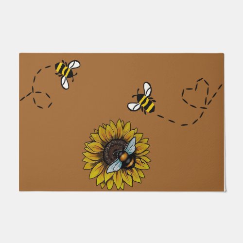 Adorable Bee Flying Around Sunflower Doormat