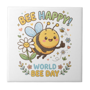 Adorable "Bee Happy!" Illustration for World Bee D Ceramic Tile