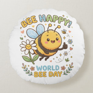 Adorable "Bee Happy!" Illustration for World Bee D Round Pillow