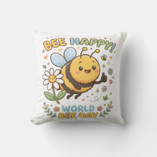 Adorable "Bee Happy!" Illustration for World Bee D Throw Pillow