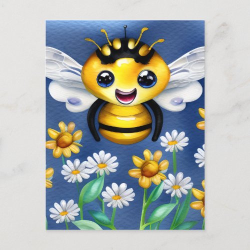 Adorable Bee in a Flower Garden Watercolor Postcard