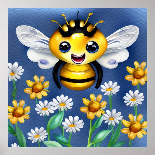 Adorable Bee in a Flower Garden Watercolor Poster (Front)