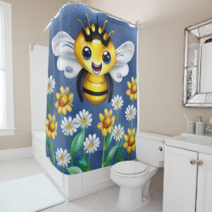 Adorable Bee in a Flower Garden Watercolor Shower Curtain