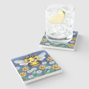Adorable Bee in a Flower Garden Watercolor Stone Coaster
