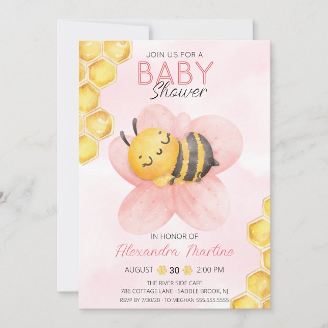 Adorable Bee Pink floral girl baby shower Invitation (Front)
