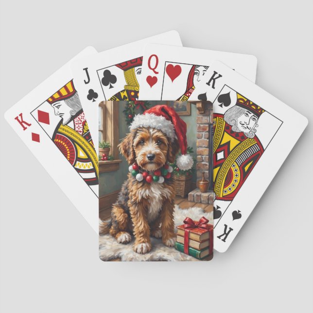 Adorable Bernedoodle Dog Cozy Knitted Santa Hat Poker Cards (Back)