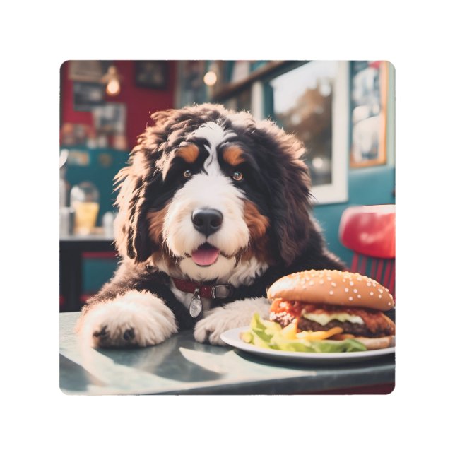 Adorable Bernerdoodle at the Diner Metal Print (Front)