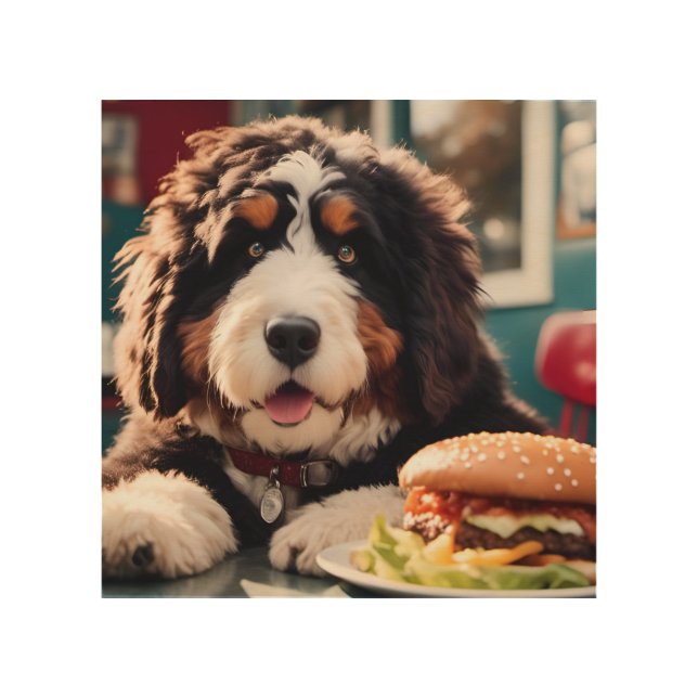 Adorable Bernerdoodle at the Diner Wood Wall Art (Front)