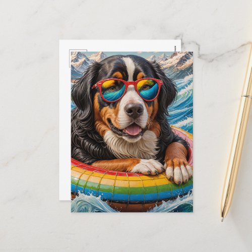 Adorable Bernese Mountain Dog enjoys Float Trip Postcard