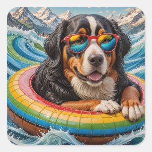 Adorable Bernese Mountain Dog enjoys Float Trip Square Sticker