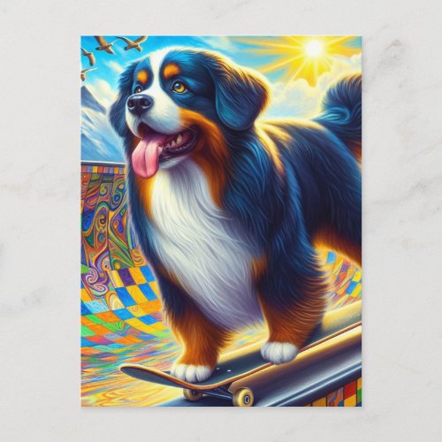 Adorable Bernese Mountain Dog Skateboarding Postcard