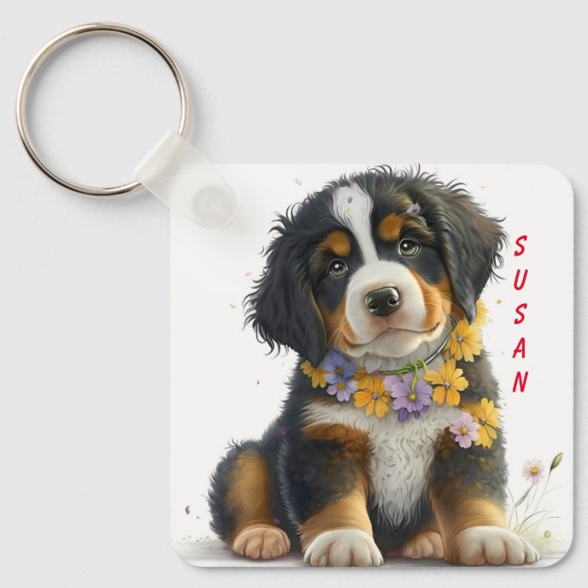 Adorable Bernese Puppy Dog Keychain (Front)