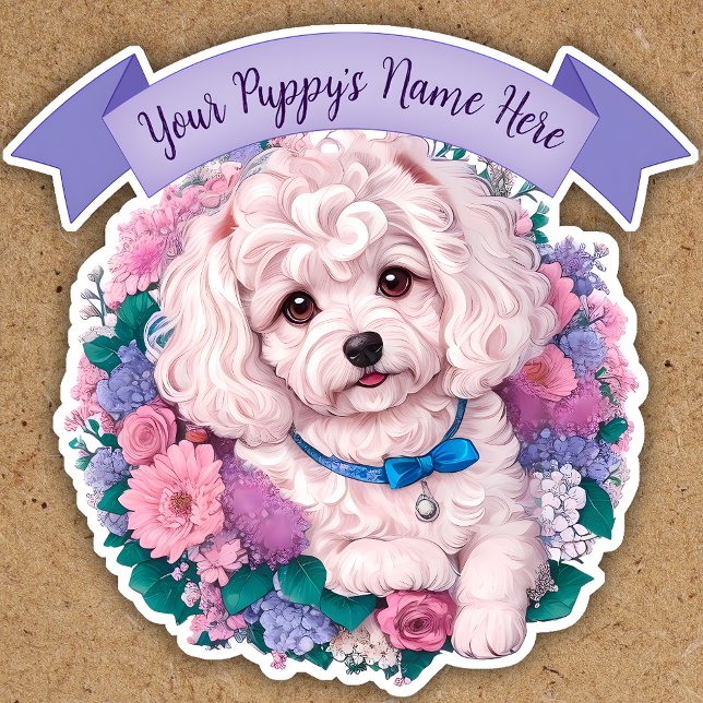 Adorable Bichon Frisé, assorted flowers custom Sticker (Creator Uploaded)