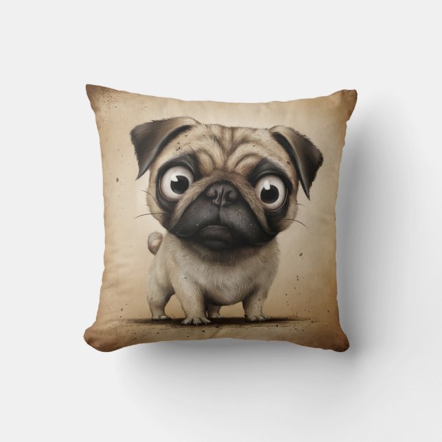 Adorable Big-Eyed Pug Illustration Throw Pillow (Front)