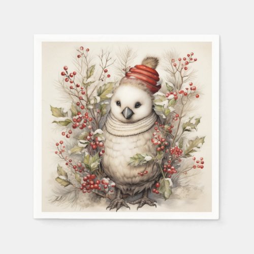 Adorable Bird Wearing Red Cap Holly Red Berries Napkins