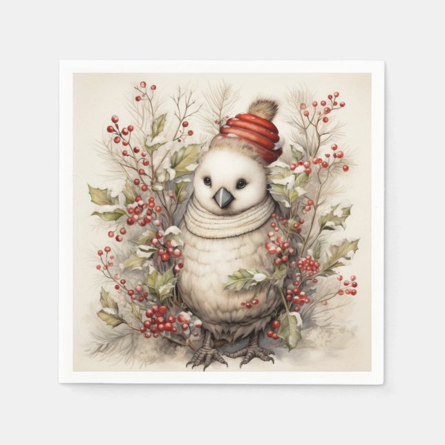 Adorable Bird Wearing Red Cap Holly Red Berries Napkins (Front)