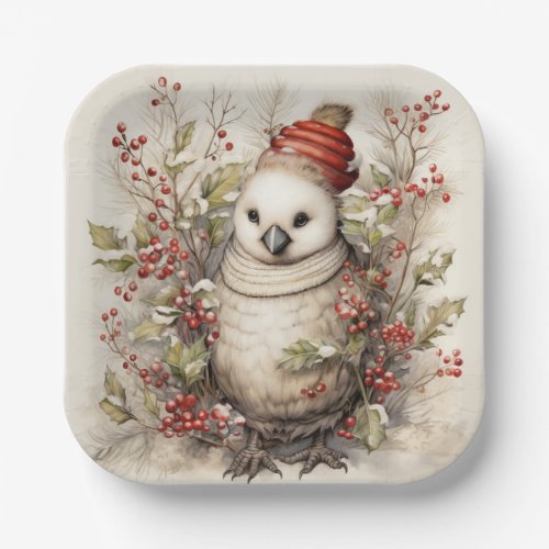 Adorable Bird Wearing Red Cap Holly Red Berries Paper Plates