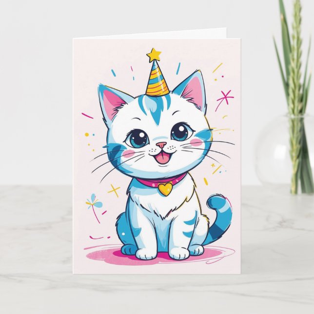Adorable Birthday Cat – Customizable Kids' Card (Front)