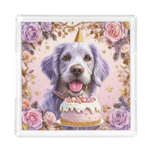 Adorable Birthday Dog with Cake Celebrating Acrylic Tray