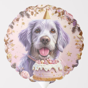 Adorable Birthday Dog with Cake Celebrating Balloon