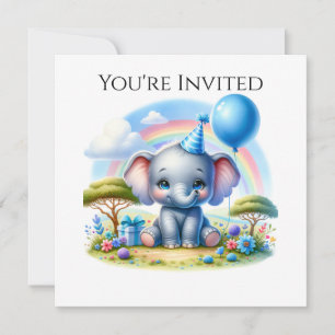 Adorable Birthday Elephant in Blue Party Hat Invitation