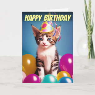 Adorable Birthday Kitten & Party Hat Birthday Card
