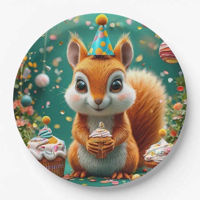 Adorable birthday Squirrel Paper Plates (Front)