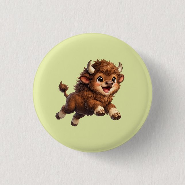 Adorable Bison Playfully Running with a Joyful  Button (Front)