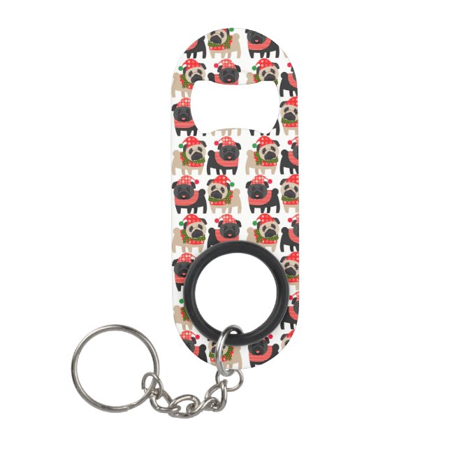 Adorable Black and Fawn Christmas Pugs Keychain Bottle Opener (Front)