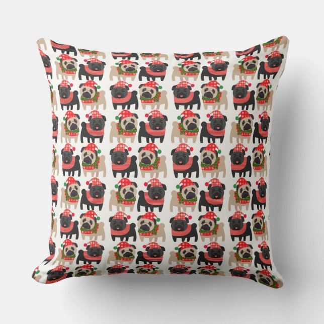 Adorable Black and Fawn Christmas Pugs Throw Pillow (Front)