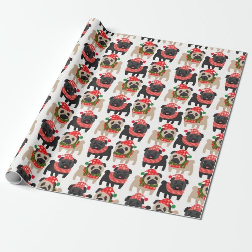 Adorable Black and Fawn Christmas Pugs Wrapping Paper