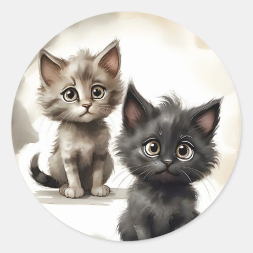 Adorable Black and Tabby Kitties Friends Portrait  Classic Round Sticker
