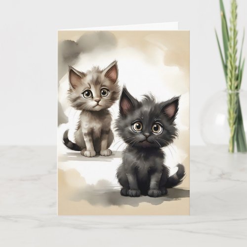 Adorable Black and Tabby Kitties Portrait Blank Card
