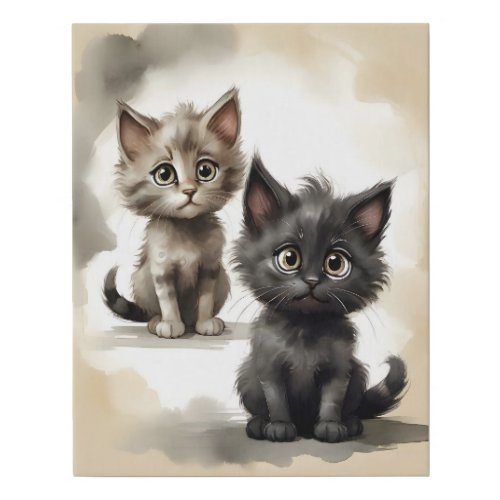 Adorable Black and Tabby Kitties Portrait Faux Canvas Print