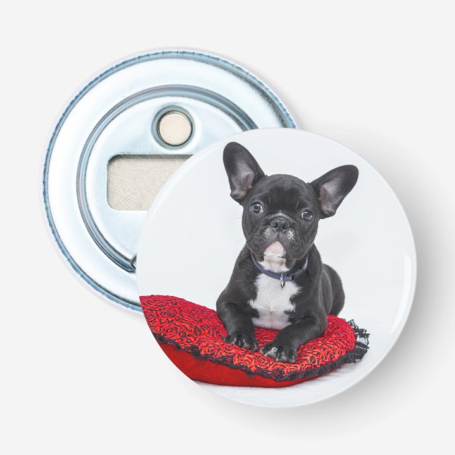 Adorable Black and White Bulldog Puppy Photo Bottle Opener (Front)