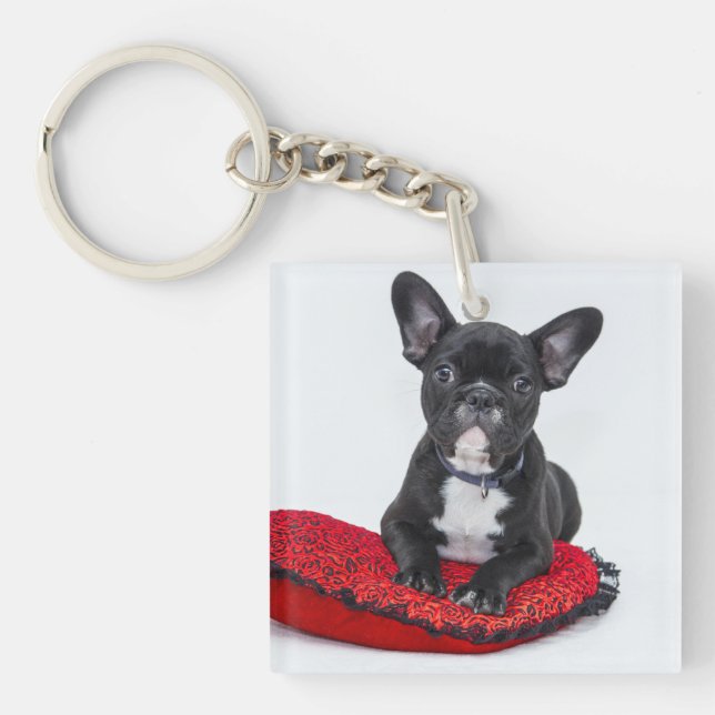 Adorable Black and White Bulldog Puppy Photo Keychain (Front)