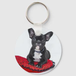 Adorable Black and White Bulldog Puppy Photo Keychain